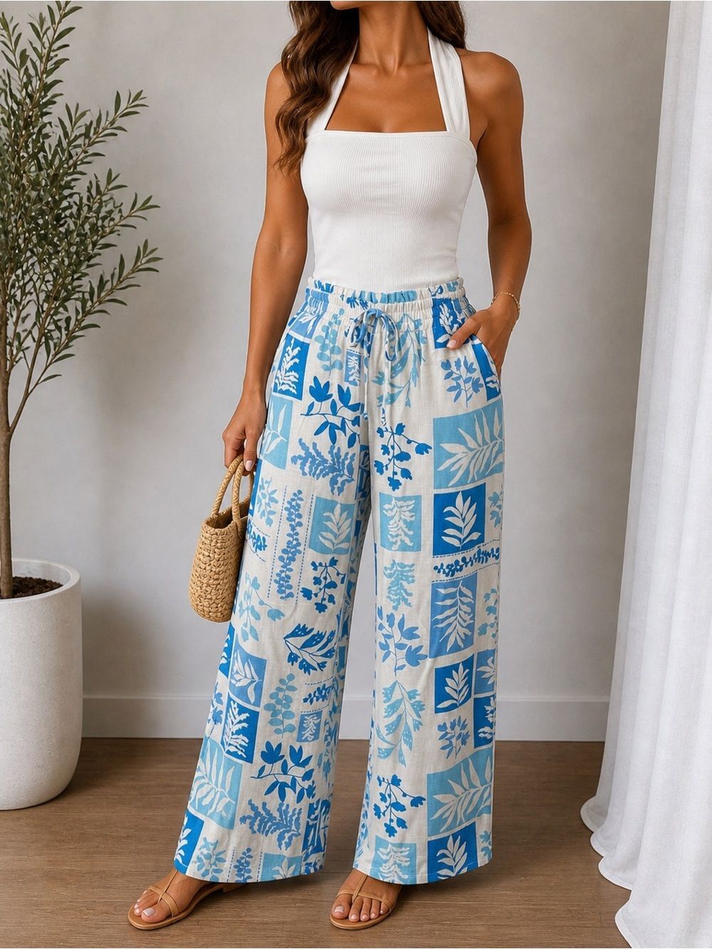 Sienna Sky Wide Leg Pants Blue White Floral Print High Rise Size M